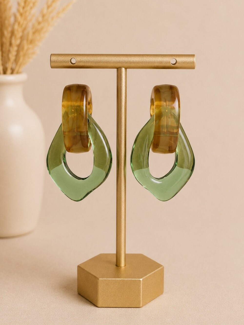Plunder Design Trendy Green Tan Acrylic Drop Dangle Earrings - NIP